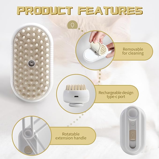 3-in-1 Steam Brush with Steamer - Suitable for Cats, Dogs and All Pets (White)