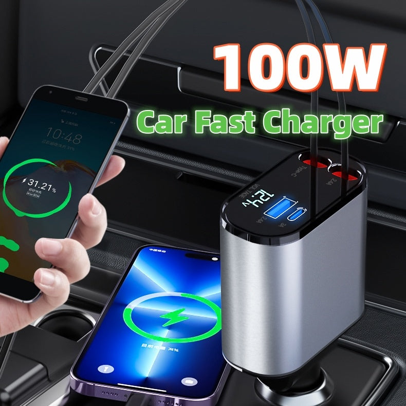 Metal Car Charger 100W Super Fast Charging Car Cigarette Lighter USB And TYPE-C Adapter - LuckyGadgetHub