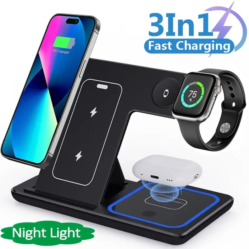 15W 3 In 1 LED Fast Wireless Charger Stand Foldable Charging Station For Smart Phone 15 14 13 12 11 IWatch 9 8 7 6 5 Airpods Pro - LuckyGadgetHub
